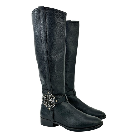 Tory Burch Amanda Double T Medallion Tall Pebbled Leather Knee High Riding Boots - Picture 1 of 11